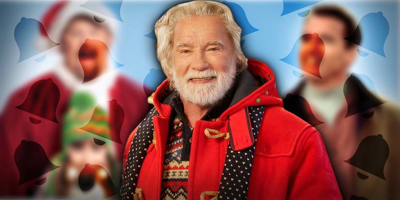 Arnold Schwarzenegger in front of a blurry background covered in bells