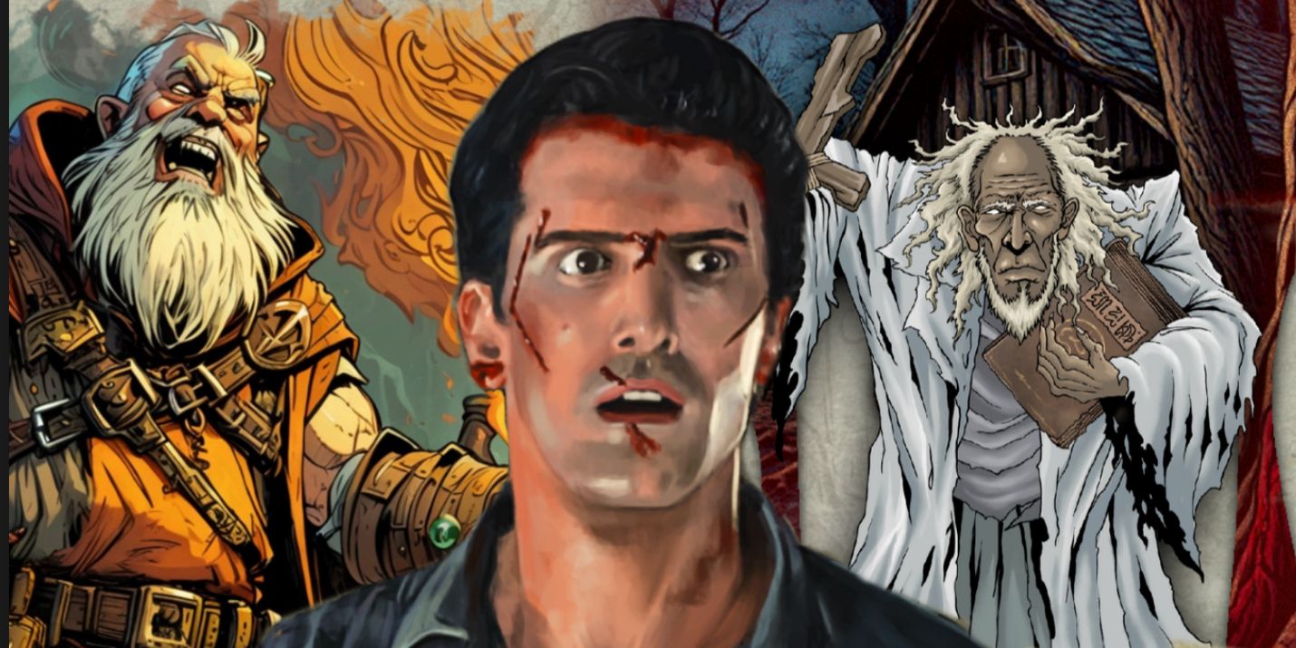 Art of Ash Williams with blood dripping down his face flanked by two characters from the Evil Dead RPG supplement_ a bearded man holding a torch, and a robed man wielding a cross and a book.