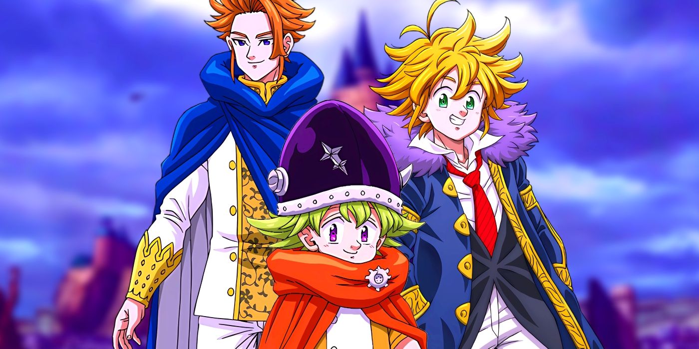 Chaos King Arthur, Percival, and King Meliodas standing side by side. Behind them, Liones' castle can be seen.