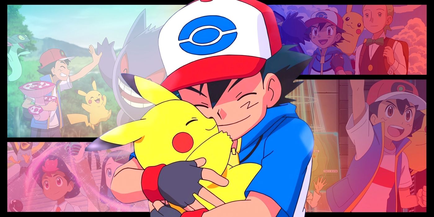 Ash hugging Pikachu while both smile. Behind him, moments from various seasons can be seen.
