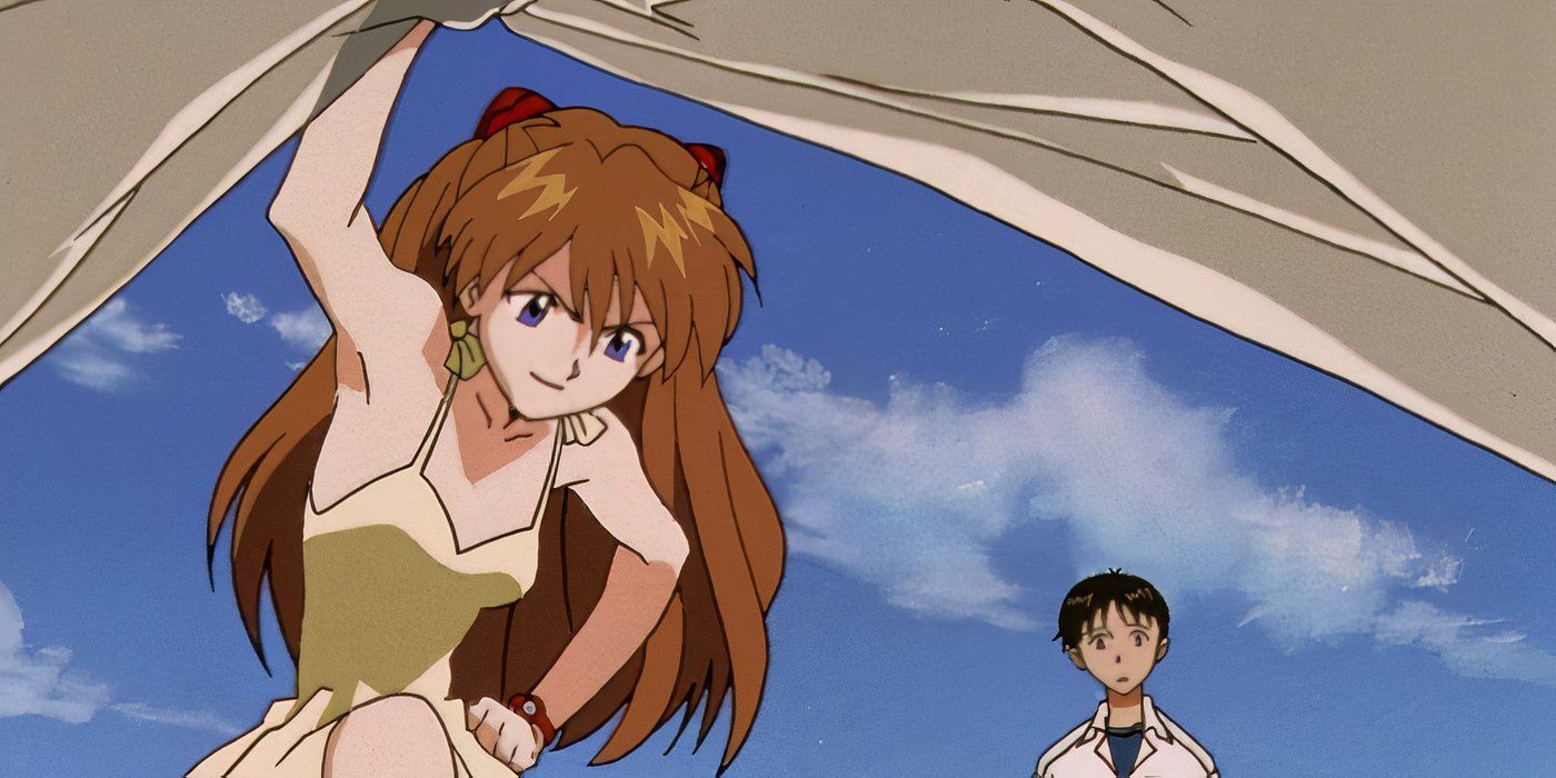 Asuka lifting a sheet to reveal unit 02 in Evangelion episode 8.