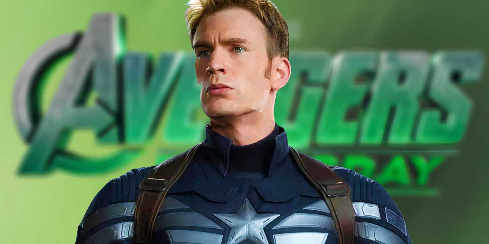 Chris Evans as Captain America above a blurred logo for Avengers: Doomsday on a green background