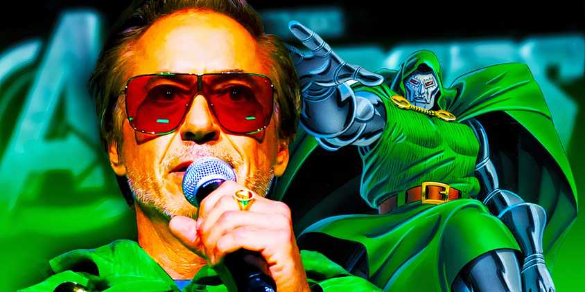 Collage of Robert Downey Jr. talking into a microphone and Dr. Doom in the background.