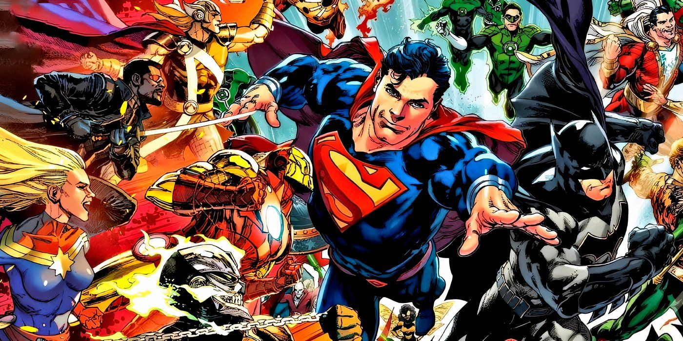 The Avengers and the Justice League flying side-by-side.