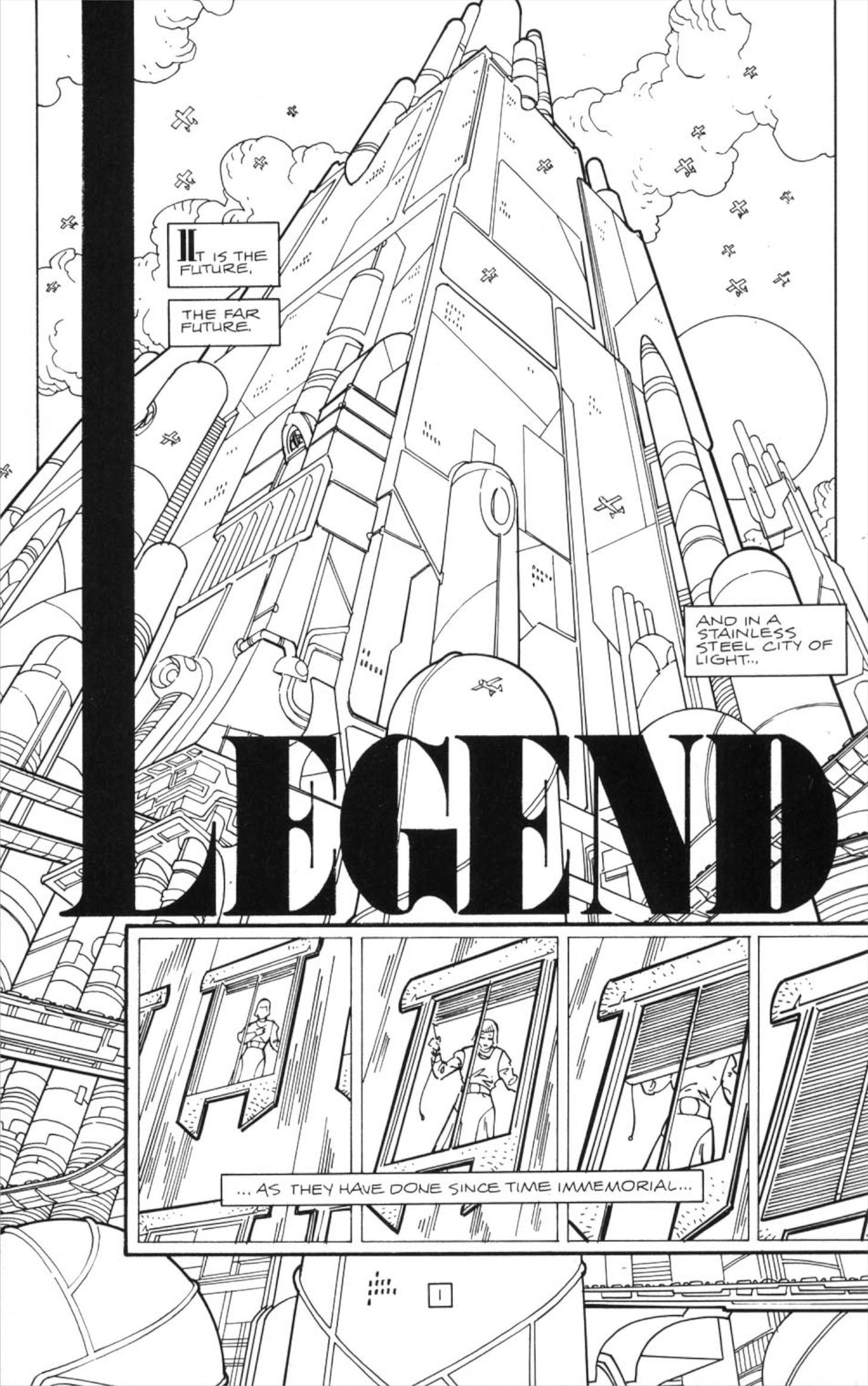 Batman: Black and White "Legend" title page, depicting Gotham City's skyline