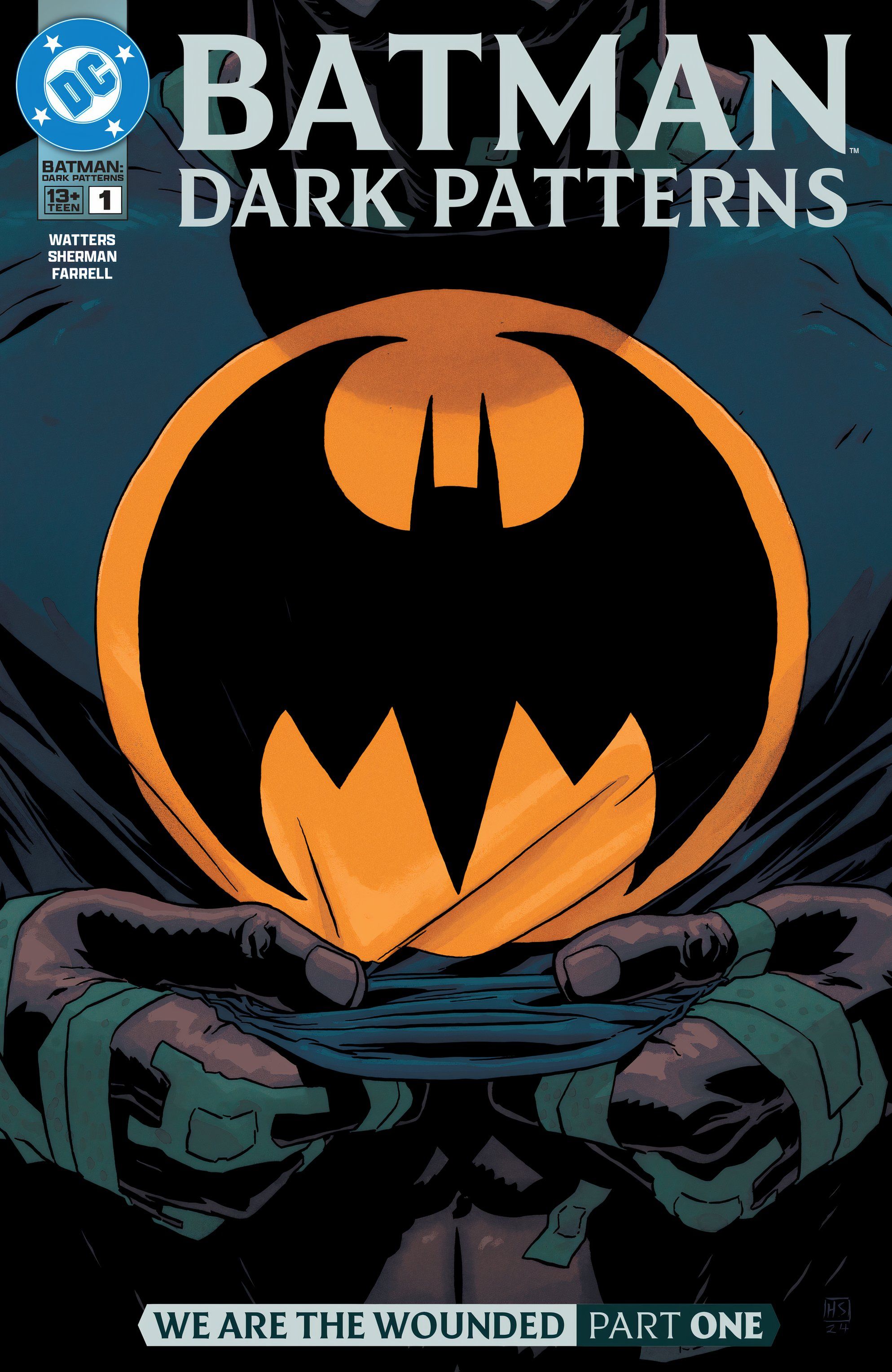 Comic Book Cover: Batman pulls down his shirt with the Batman logo prominently displayed.