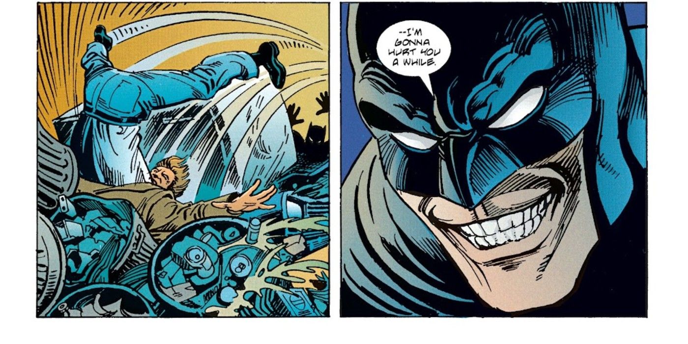 Batman under the influence of Venom beats up a thug in Legends of the Dark Knight #17