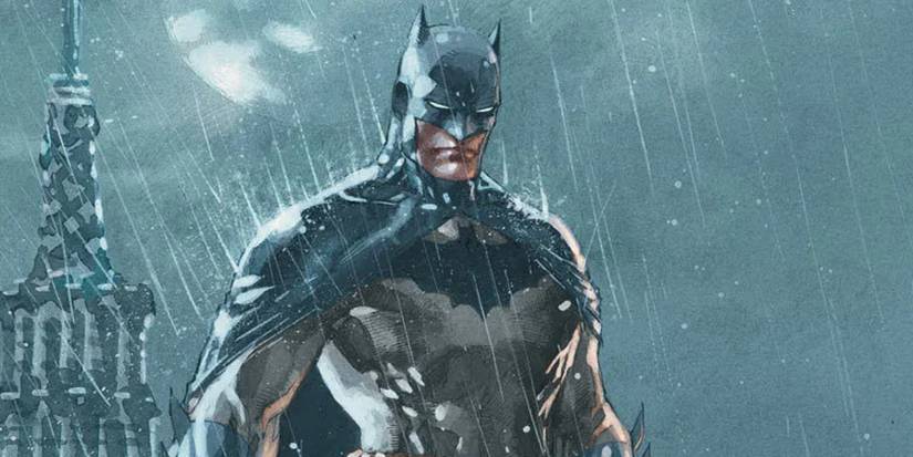 Comic book art: Batman stands in rain on a Gotham evening on a cover for Batman: Hush