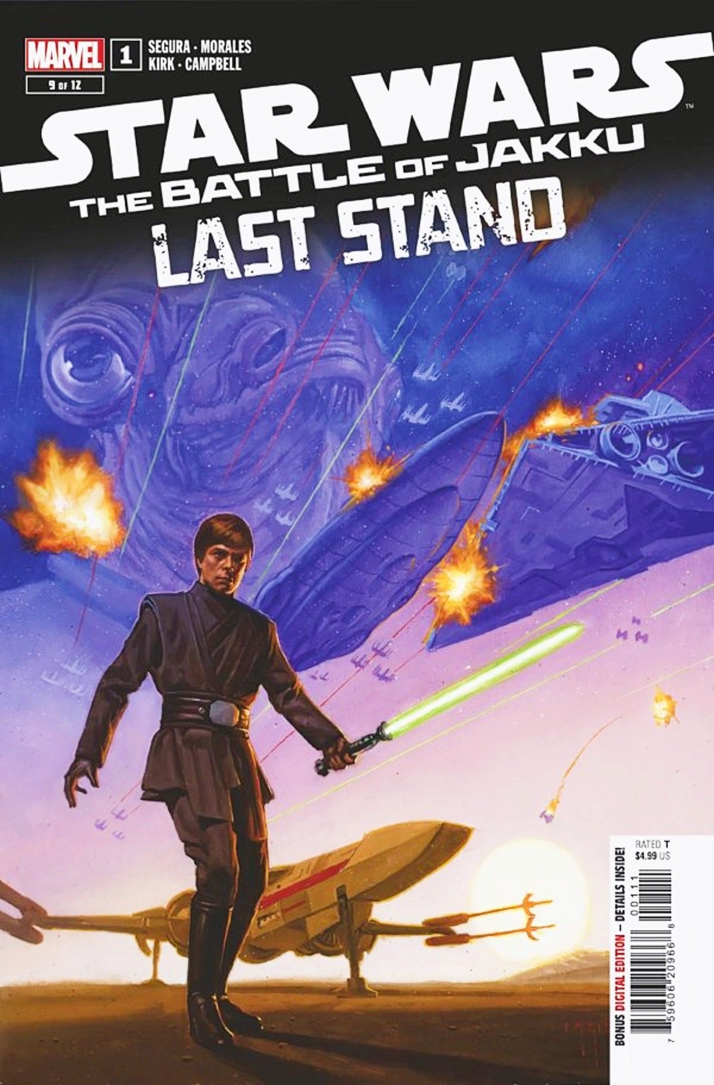 Copertina di The Last Stand of Jakku #1, Luke Skywalker con in mano una spada laser verde nel mezzo di una battaglia spaziale.