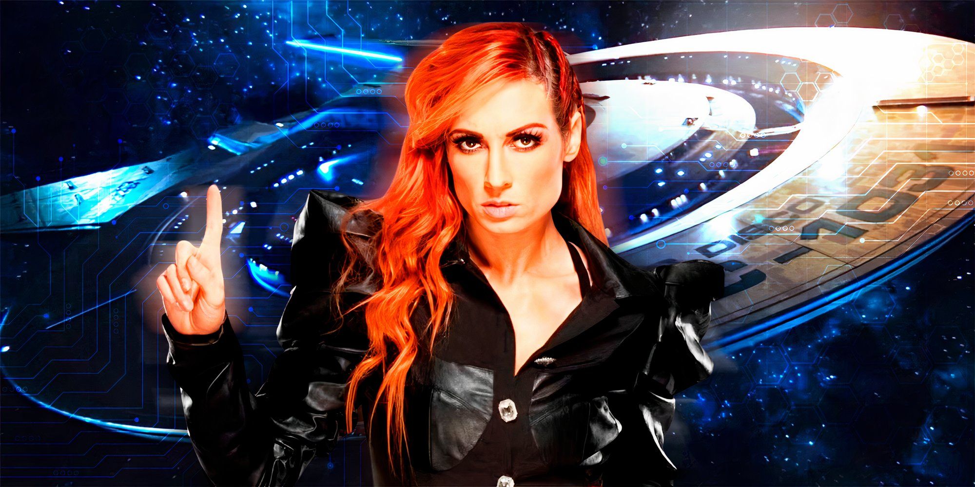 Becky Lynch pointing up and the USS Discovery behind her