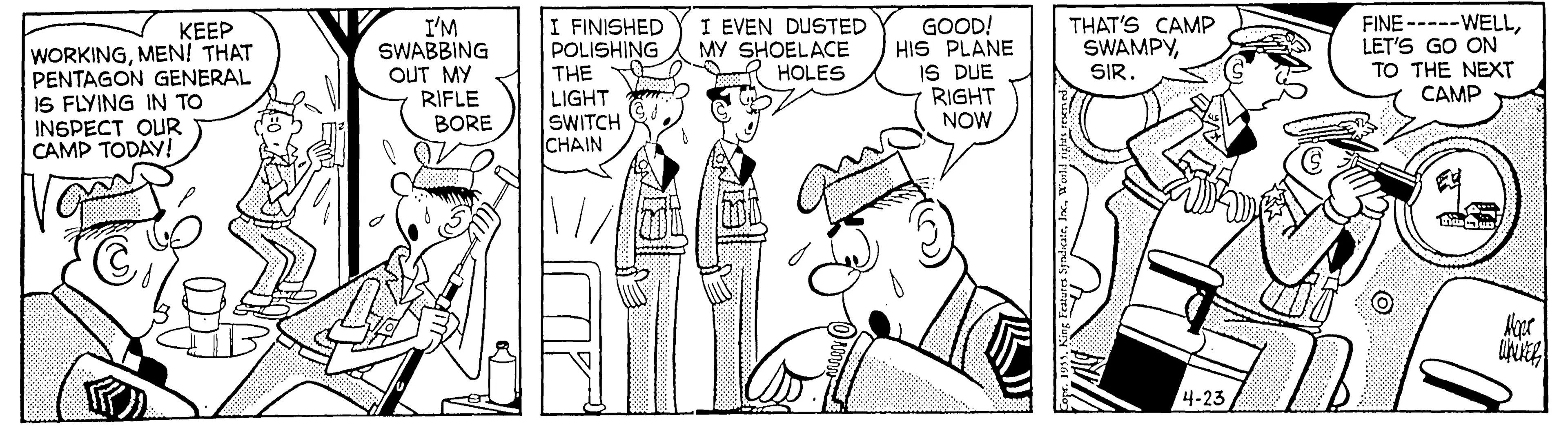 Beetle Bailey, April 23, 1955, the base prepares for the arrival of the Pentagon General, who decides to skip his visit