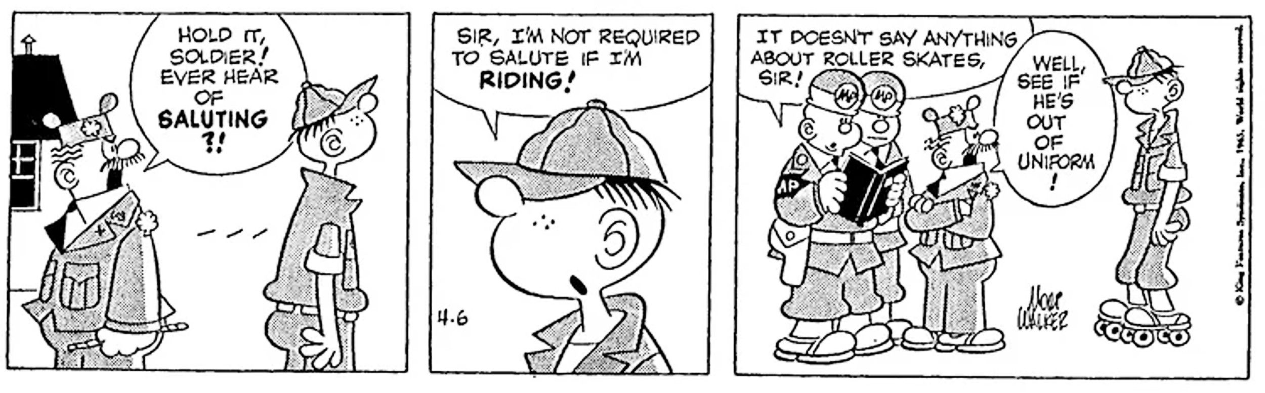 Beetle Bailey, April 6, 1965, Beetle discovers that roller skates are the loophole to having to salute