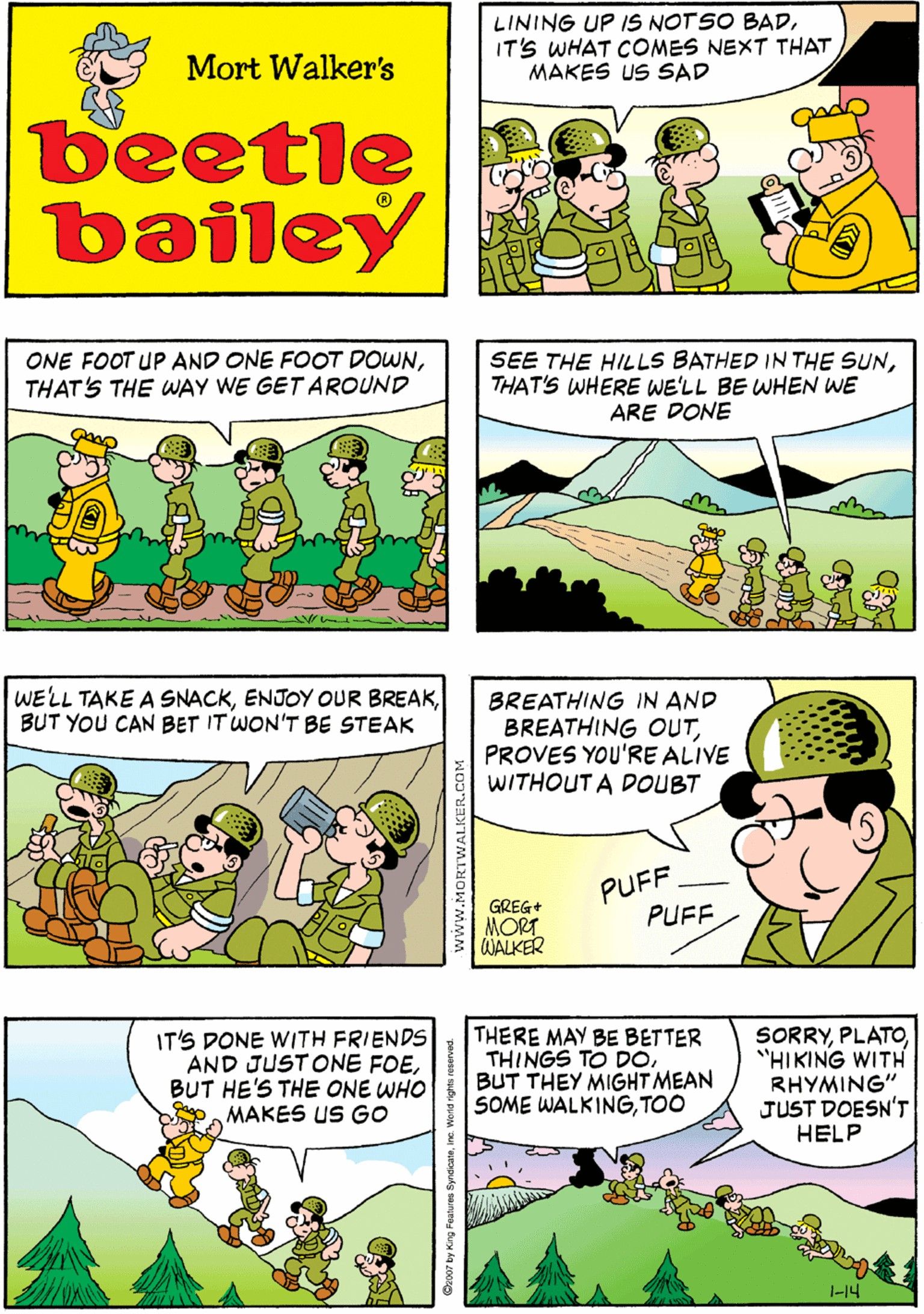 Beetle Bailey, January 14, 2007, Beetle and his platoon on a long march