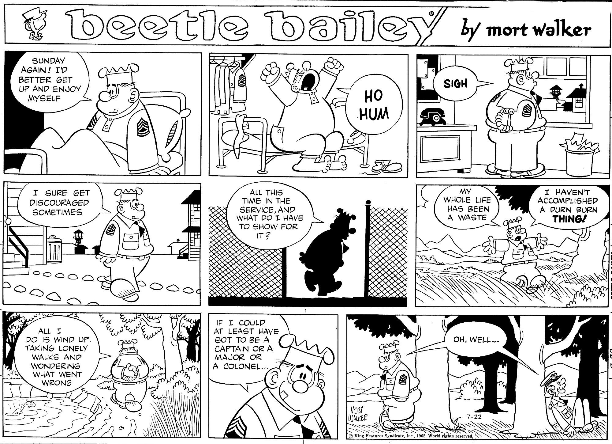 Beetle Bailey, July 22, 1962, Camp Sweaty's officers have their doubts about the army