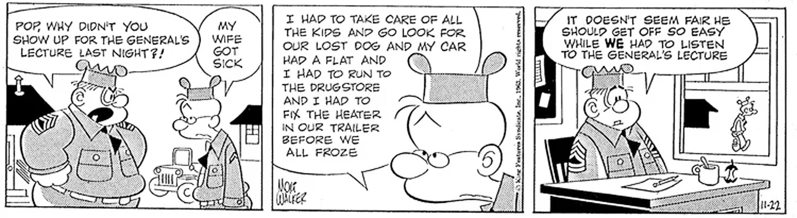 Beetle Bailey, November 22, 1963, an old reservist named Pop offers a litany of excuses for missing the general's lecture