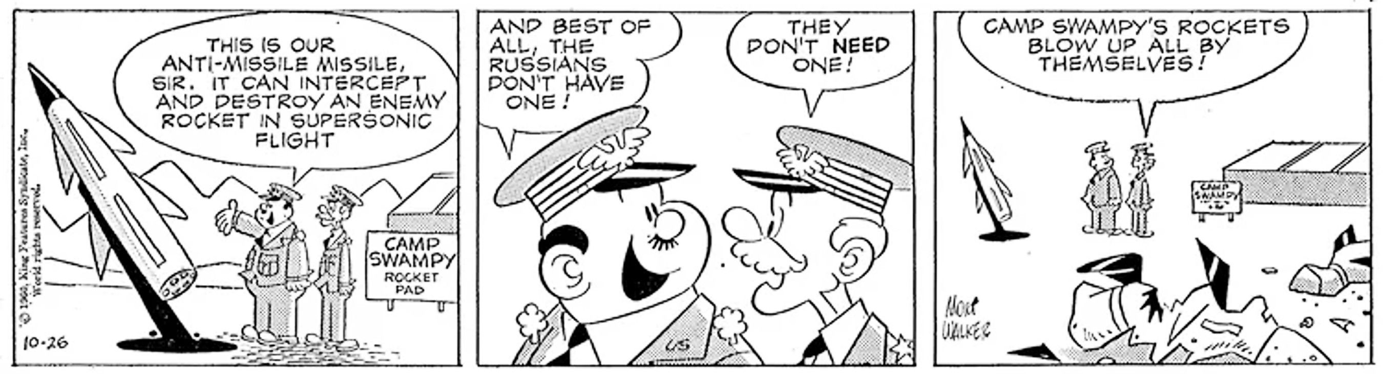 Beetle Bailey, October 26, 1966, Camp Sweaty's officers marvel at their anti-missle missle, which promptly falls apart