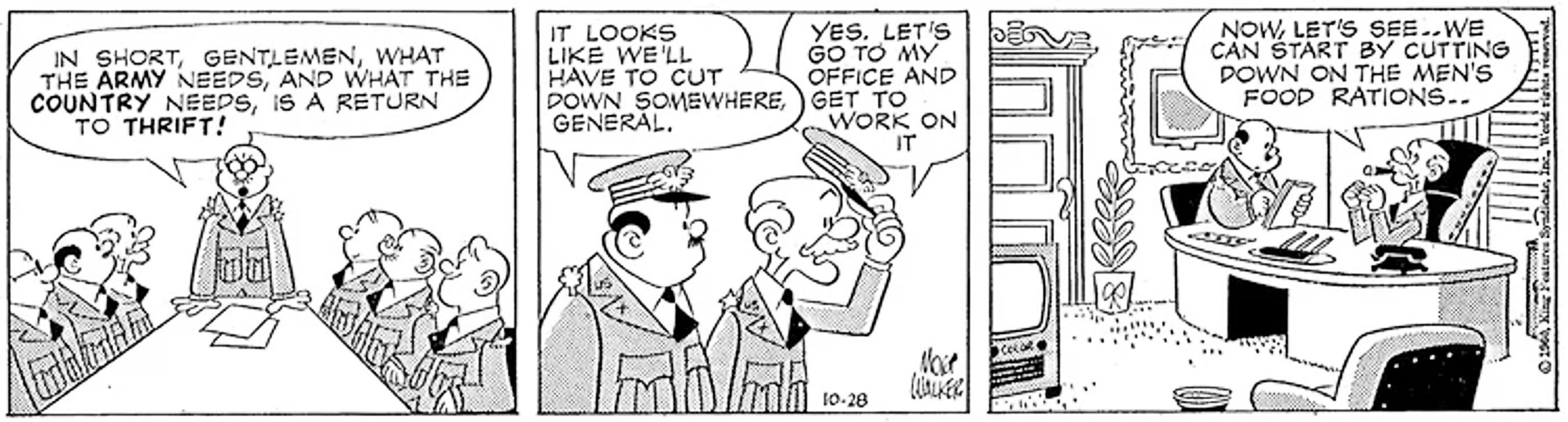 Beetle Bailey, October 28, 1960, budget cuts for the army start with soldiers' food rations