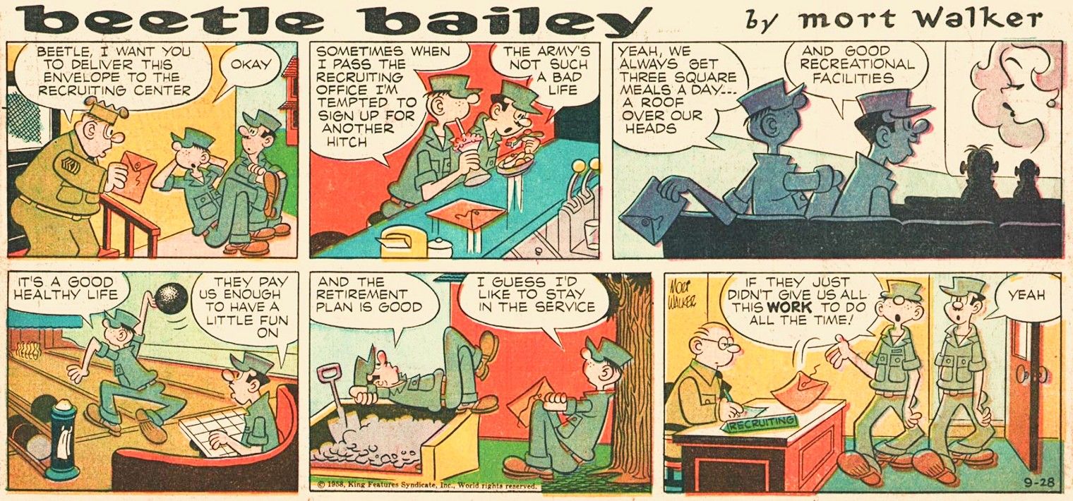 Beetle Bailey, September 8, 1958, Beetle and his friend agree that the army would be great if it weren't so much work