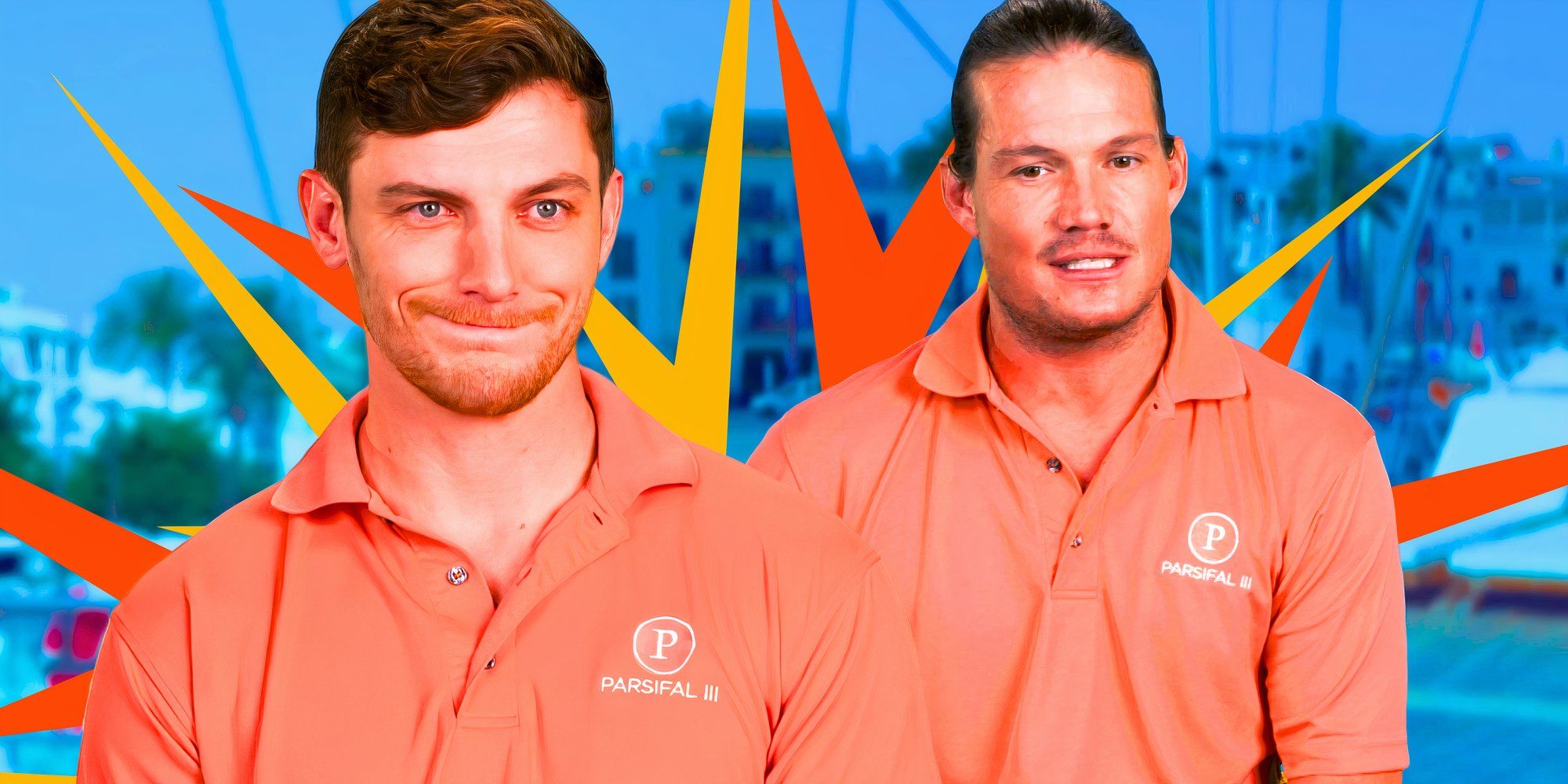 below deck stars chase lemacks and gary king in montage of them in peach shirts and both smiling
