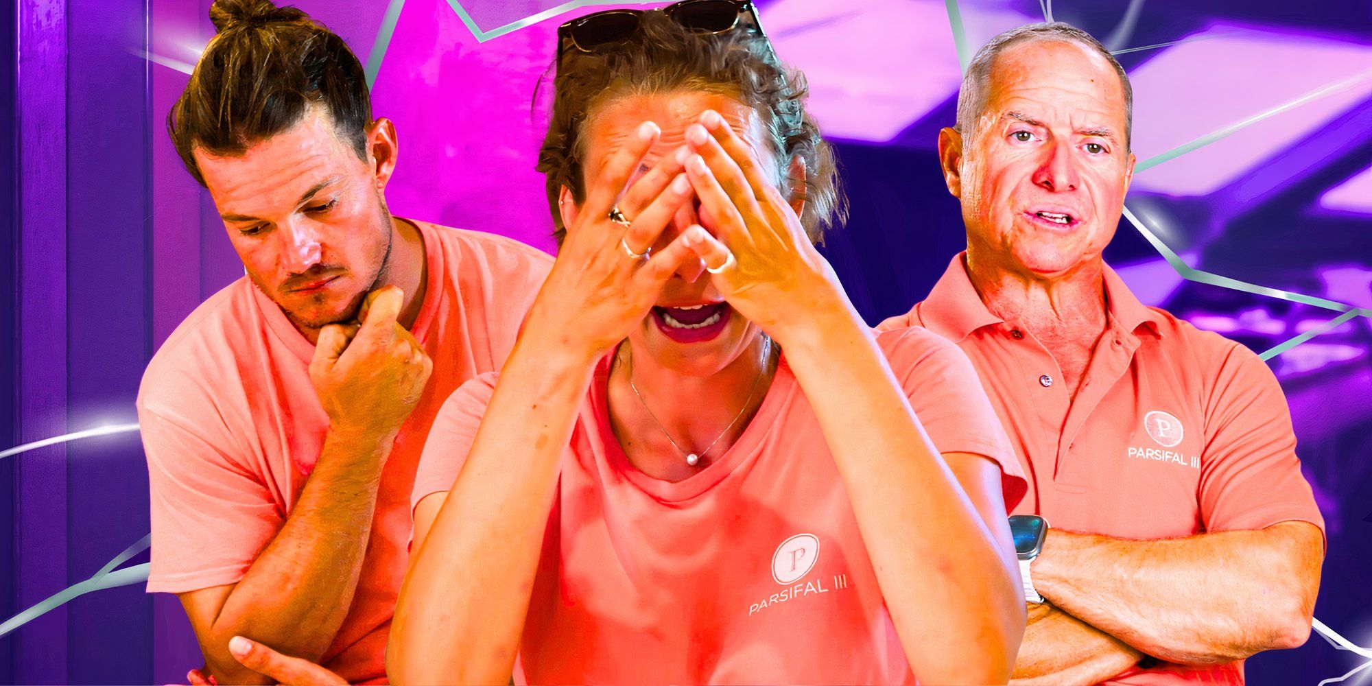 below deck sailing yacht stars emma crouch gary king and captain glenn shephard with her looking upset and purple background