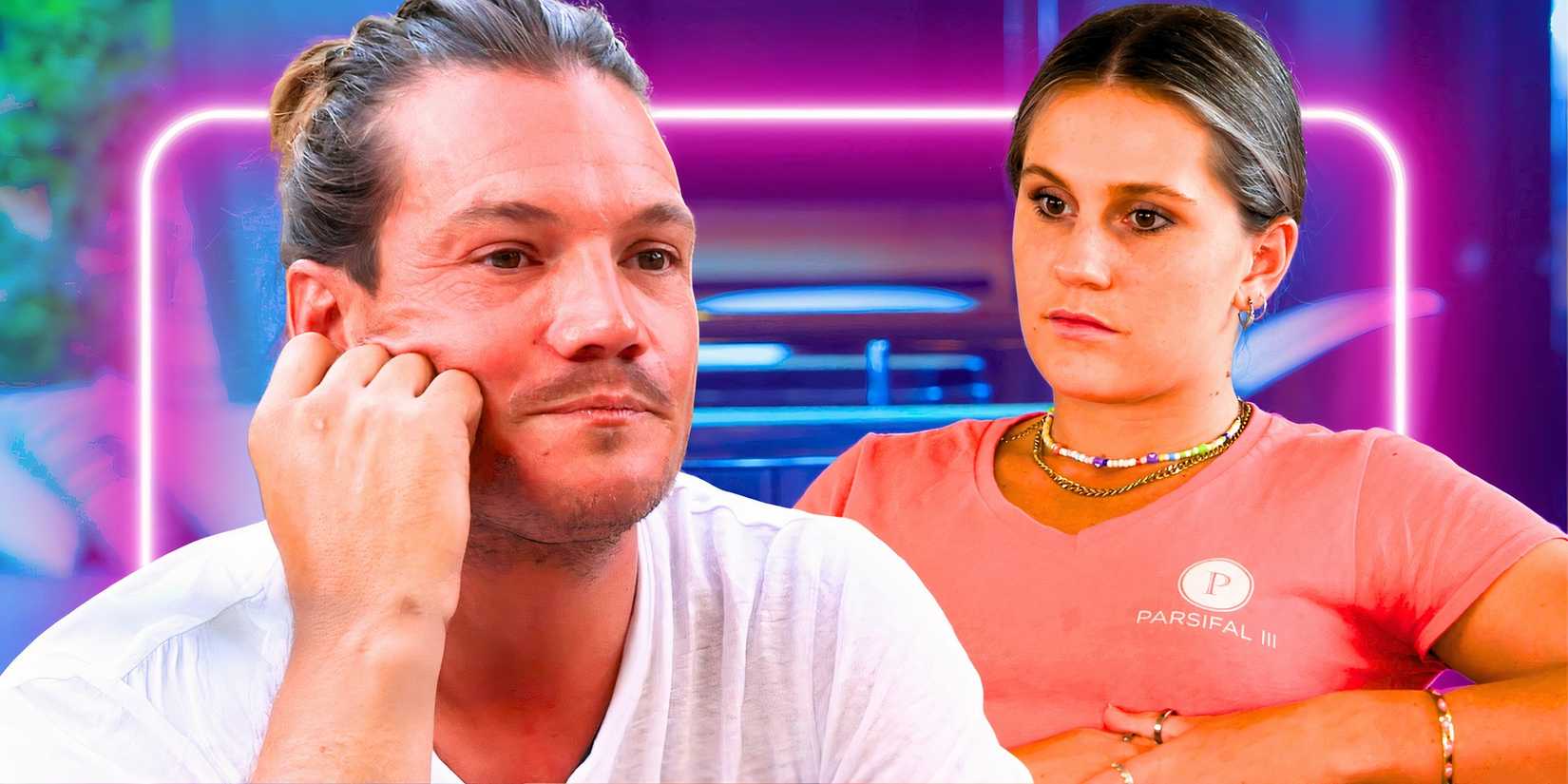 Below Deck Sailing Yacht image of Gary King and Danni Warren looking upset