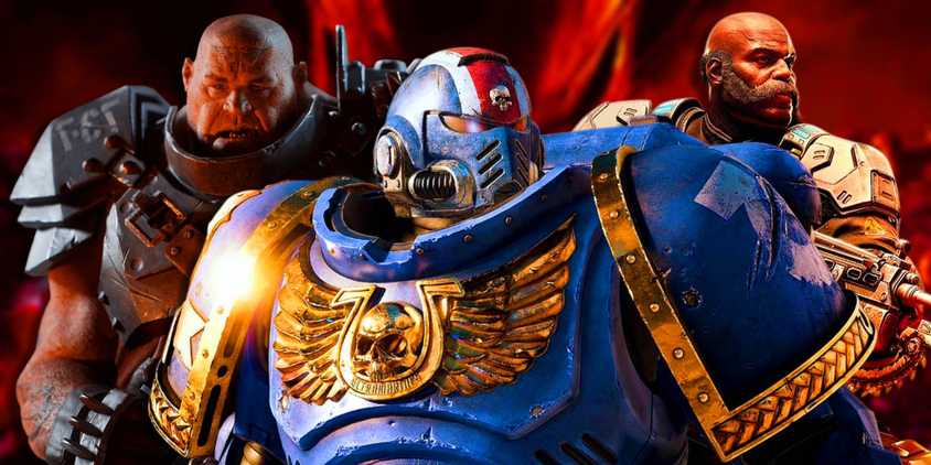 Titus from Space Marine 2 in the middle with an Ogryn from Darktide on the left and a character from Gears of War 5 on the right.