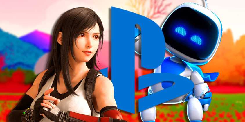Astro Bot and Tifa from Final Fantasy 7 Rebirth in front of the PlayStation logo.