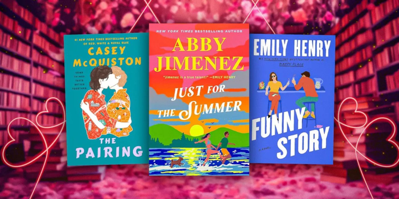 The covers of The Pairing by Casey McQuiston, Just for the Summer by Abby Jimenez, and Funny Story by Emily Henry