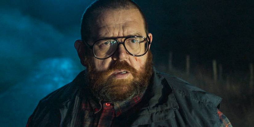 The cab driver (Nick Frost) looking shocked in Black Cab