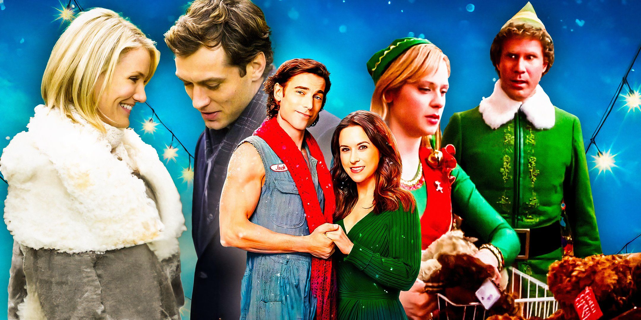 Blended image of Amanda and Graham in The Holiday, Buddy and Jovie in Elf, and the main couple in Hot Frosty