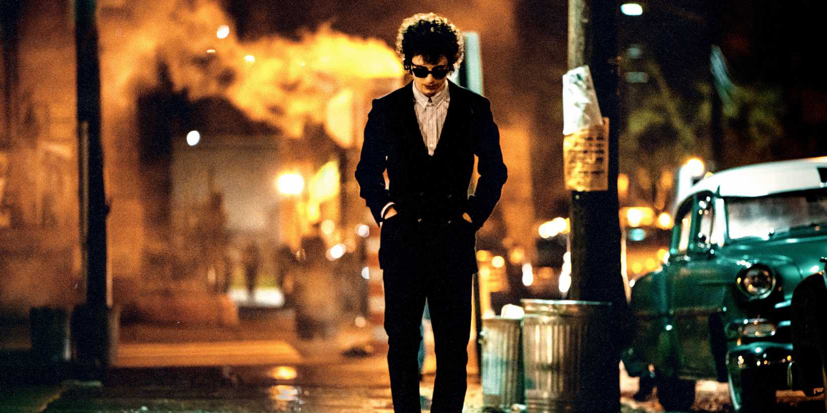 Bob Dylan on the street in A Complete Unknown