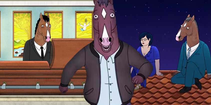 Collage of Bojack looking into a casket, a closeup of him running, and Bojack on a roof with Diane in BoJack Horseman