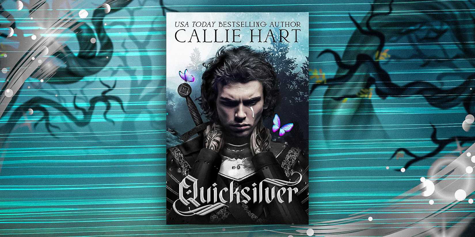 The cover of Quicksilver by Callie Hart with a turquoise background with black branches on the sides