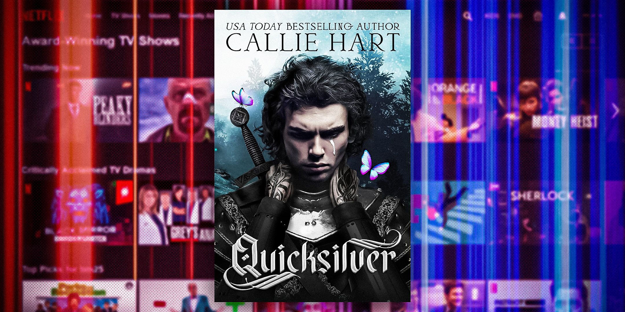 غلاف Quicksilver بواسطة Callie Hart مع شاشة Netflix الرئيسية والتظليل الأحمر والأزرق كخلفية