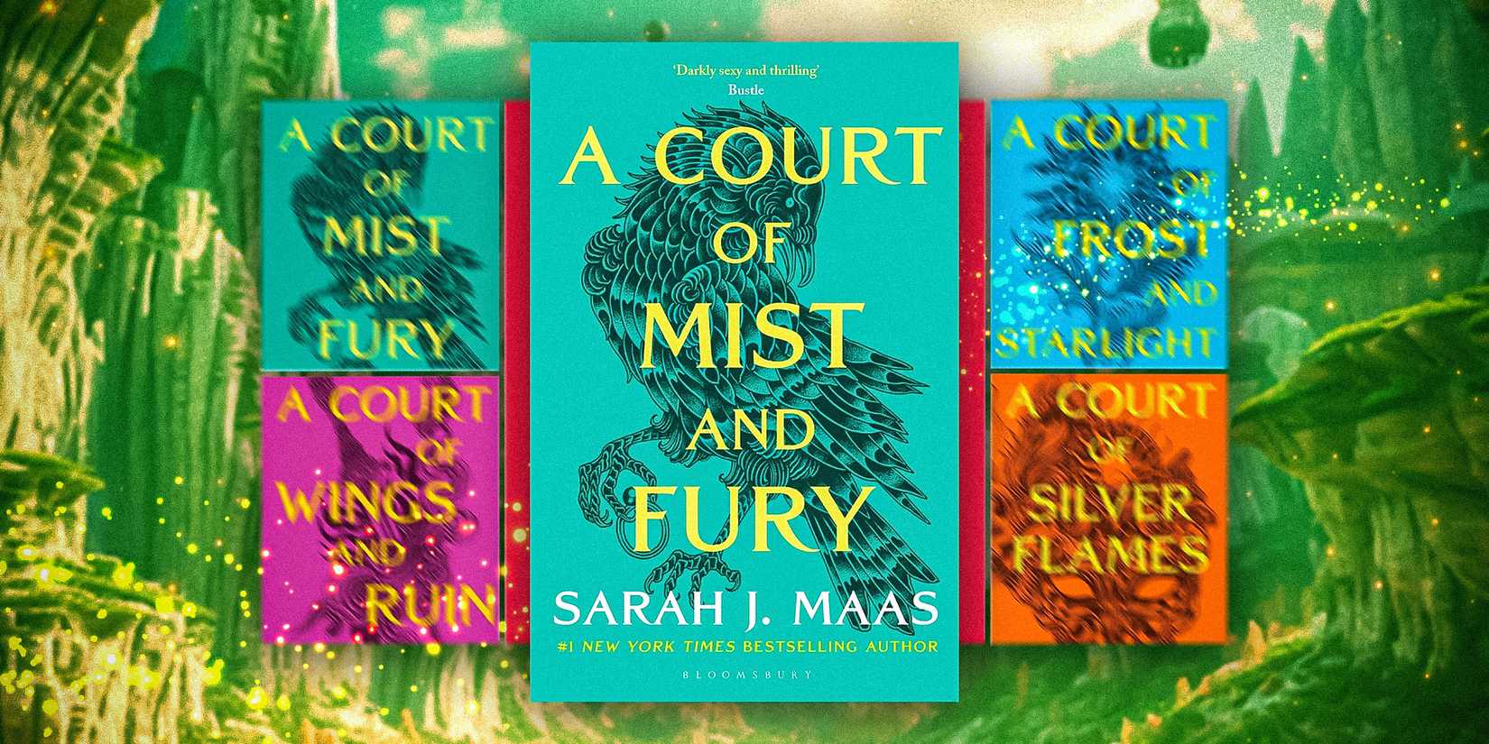 The cover of A Court of Mist & Fury surrounded by the covers of other books in the ACOTAR series