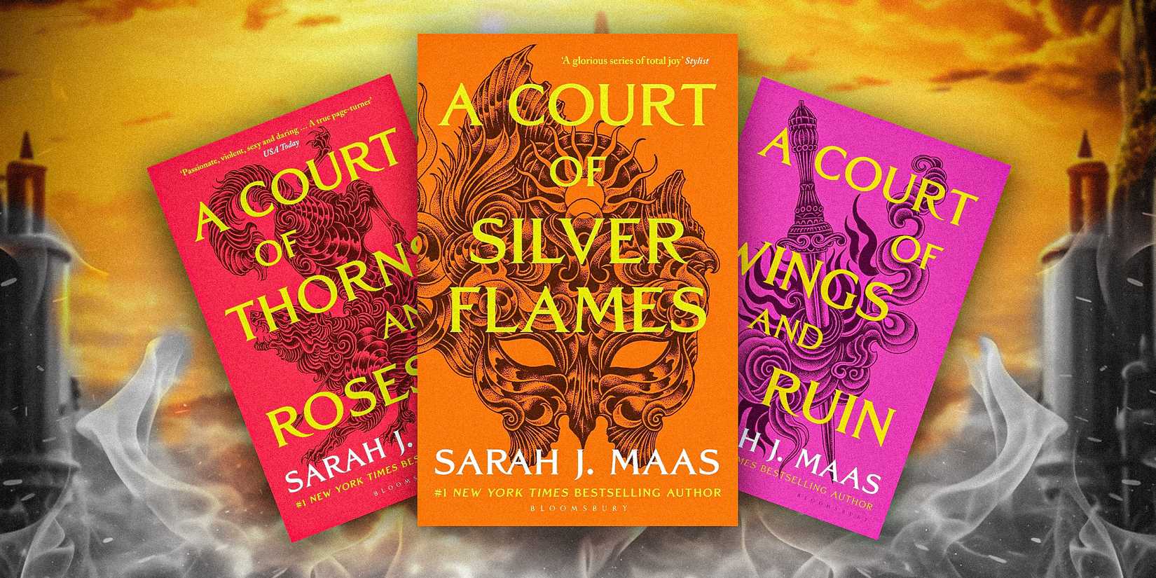 The cover of A Court of Silver Flames in front of the covers of A Court of Thorns & Roses and A Court of Wings & Ruin