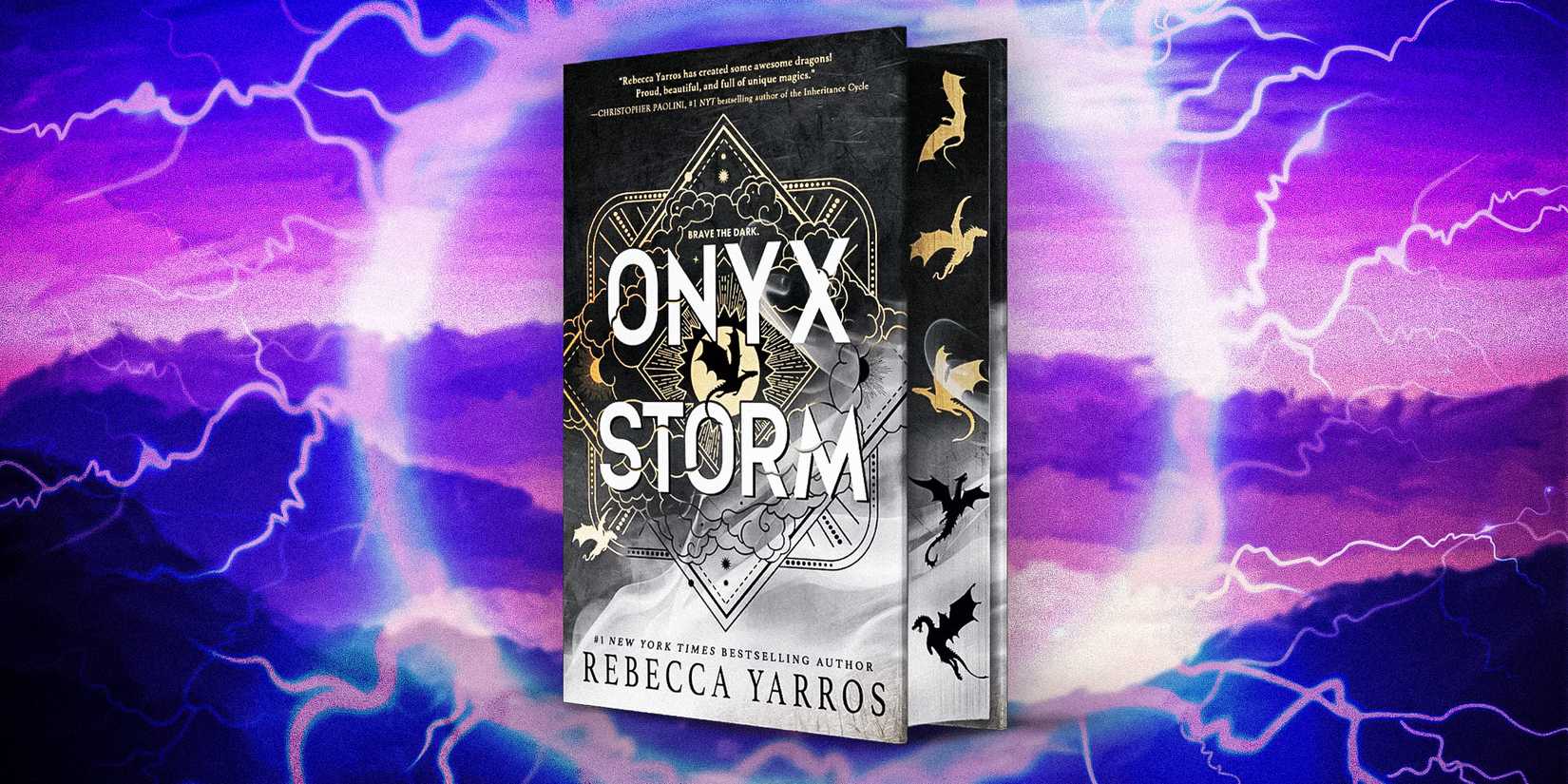 Onyx Storm Book Cover on purple lightning background