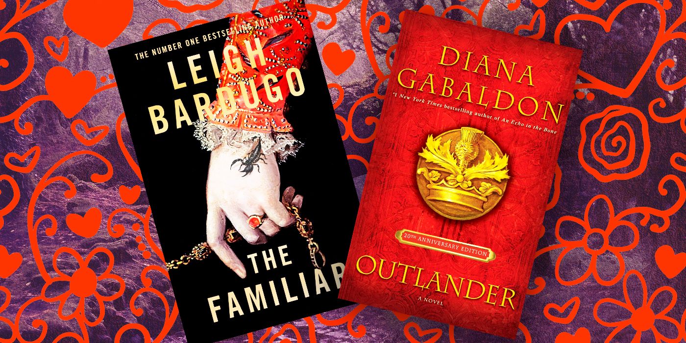 Book covers of The Familiar by Leigh Barudgo & Outlander by Diana Gabaldon against a faded purple background with red doodles.