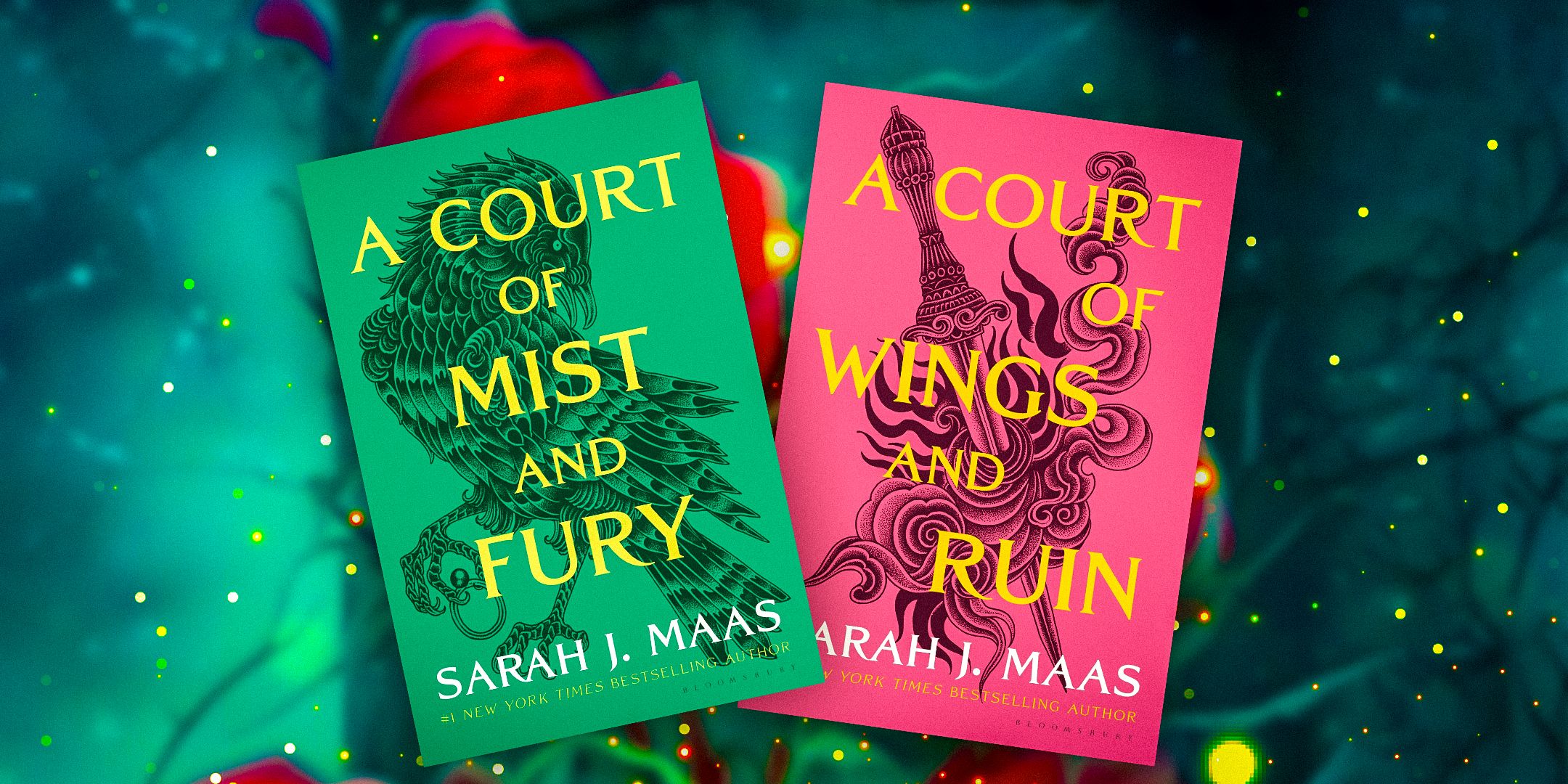 The covers of A Court of Mist & Fury and A Court of Wings & Ruin by Sarah J. Maas against a green, starry background