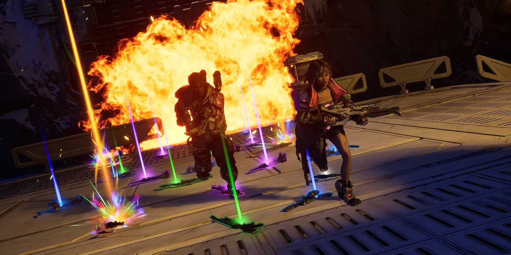 Two players running through lots of loot away from an explosion in Borderlands 4.