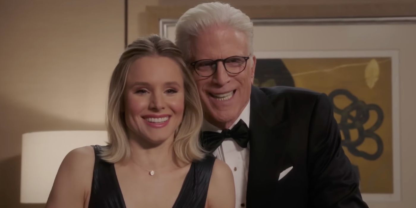 Michael and Eleanor laughing as they trick Brent in The Good Place