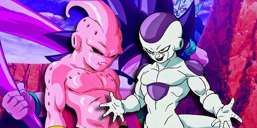 Kid Buu and Frieza posing in front of a still of Goku from Dragon Ball Daima.