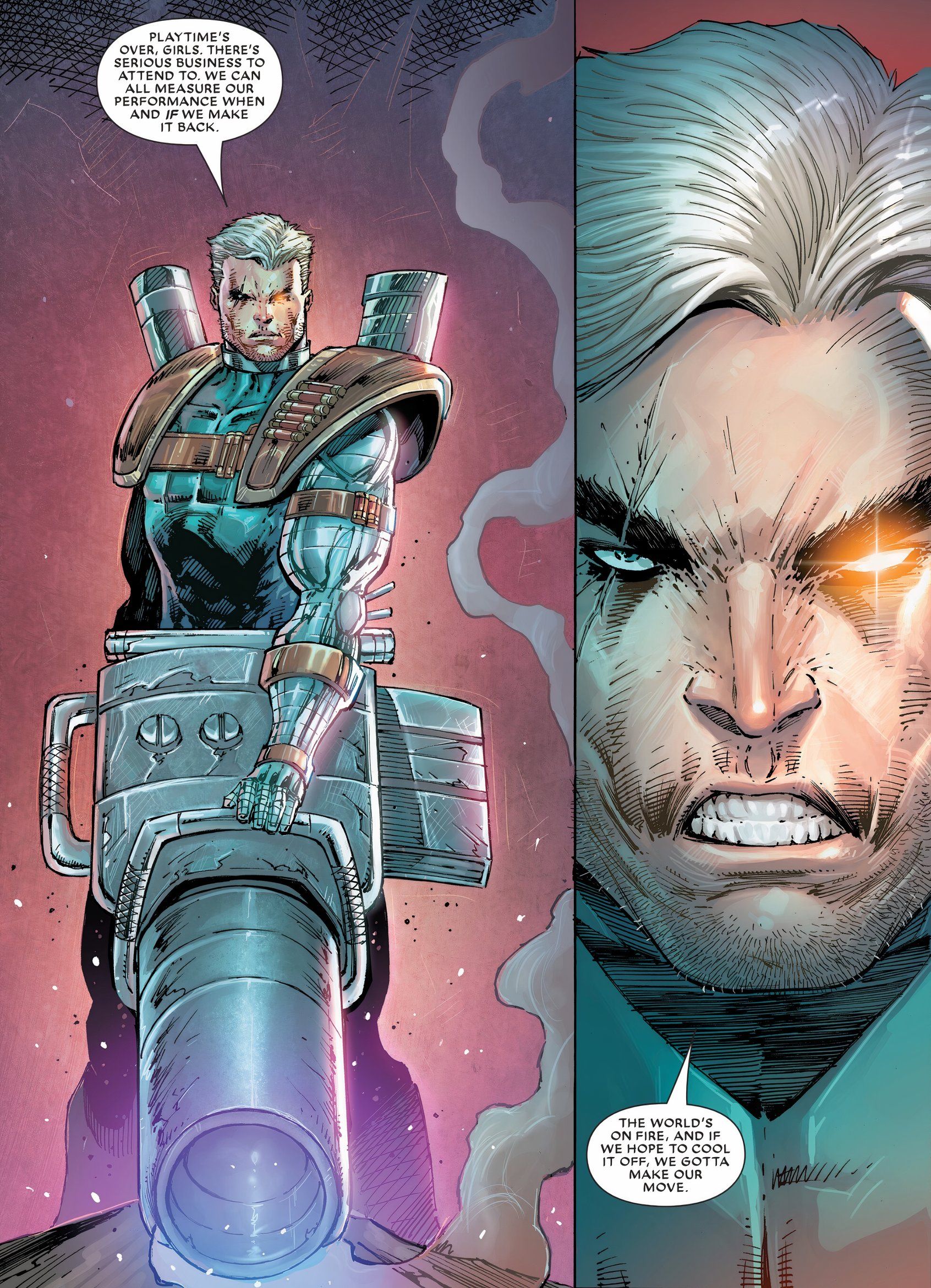 Cable segura uma arma gigante, desenhada no estilo exagerado de Rob Liefeld.