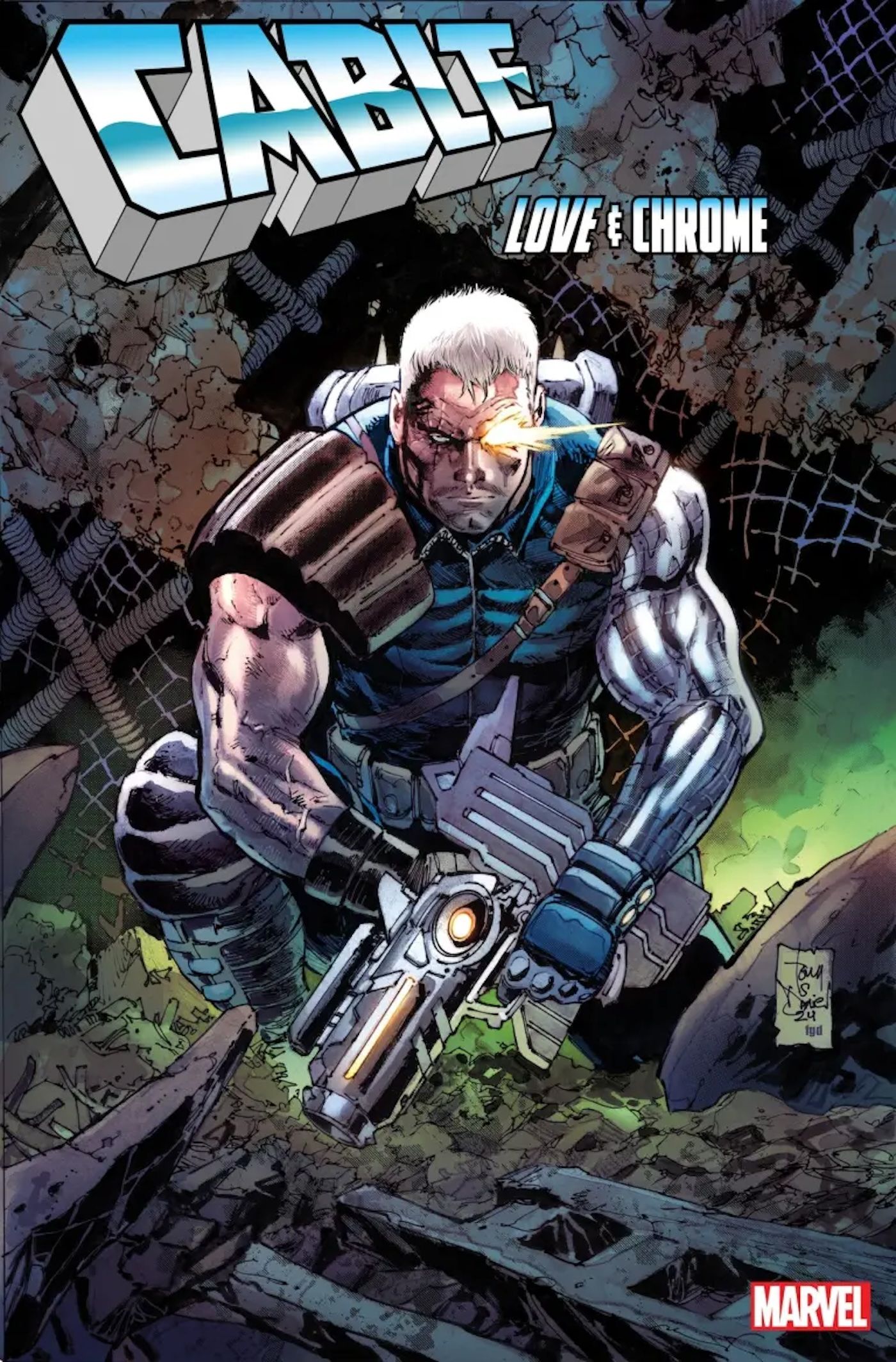 Comic book cover: Cable crouches with a gun.