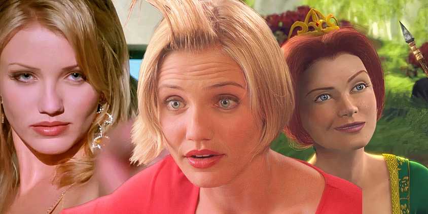 Collage of Cameron Diaz characters in The Mask, There's Something About Mary and Shrek