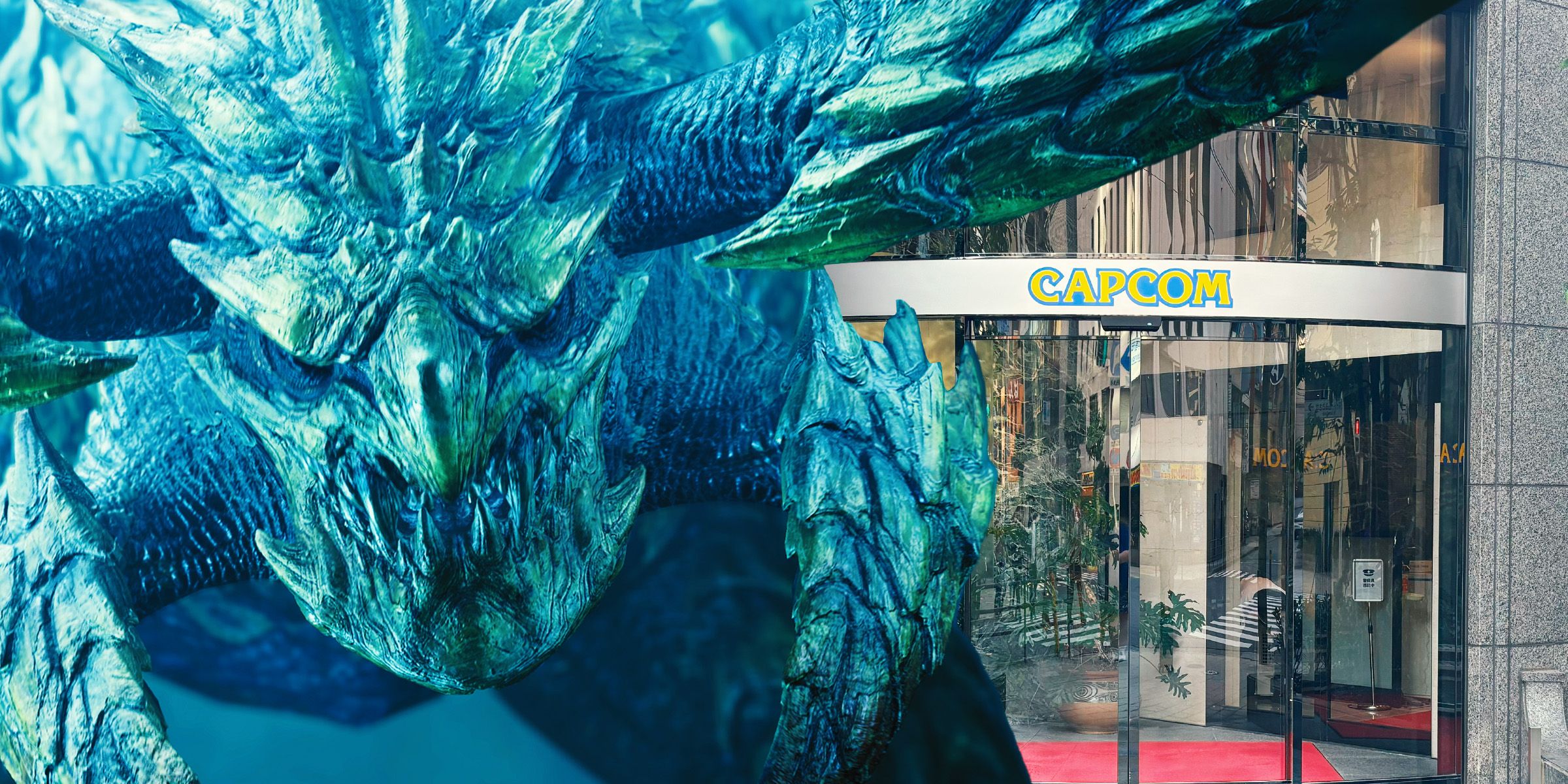 Capcom Tour Story header showing a blue-tinted dragon-like creature on the left and the Capcom offices entrance on the right.