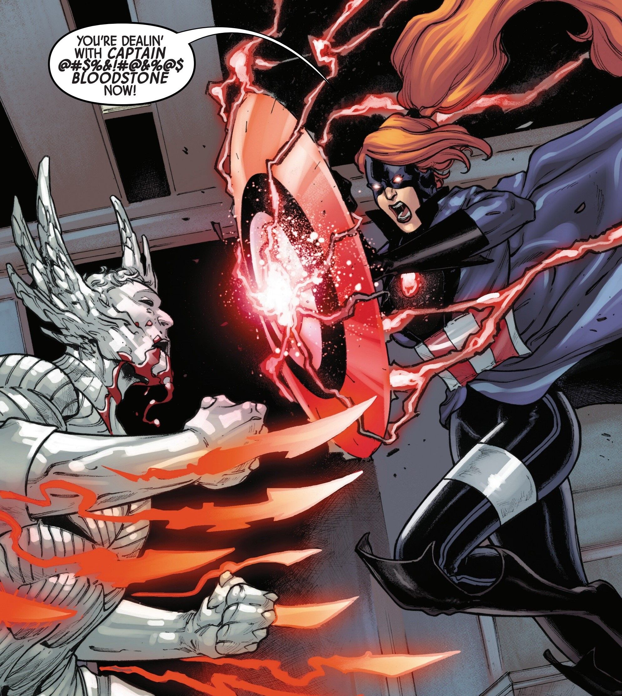 Comic panel: Captain Bloodstone charges Bloodstorm One with his shield.