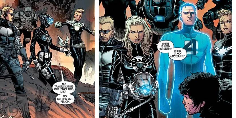 Comic book panels: Captain Marvel Sue Storm The Invisible Woman and Clint Barton Hawkeye the SHIELD Avengers confront Amadeus Cho Hulk during Marvel Time Runs Out prequel to Secret Wars looking for Mister Fantastic Reed Richards