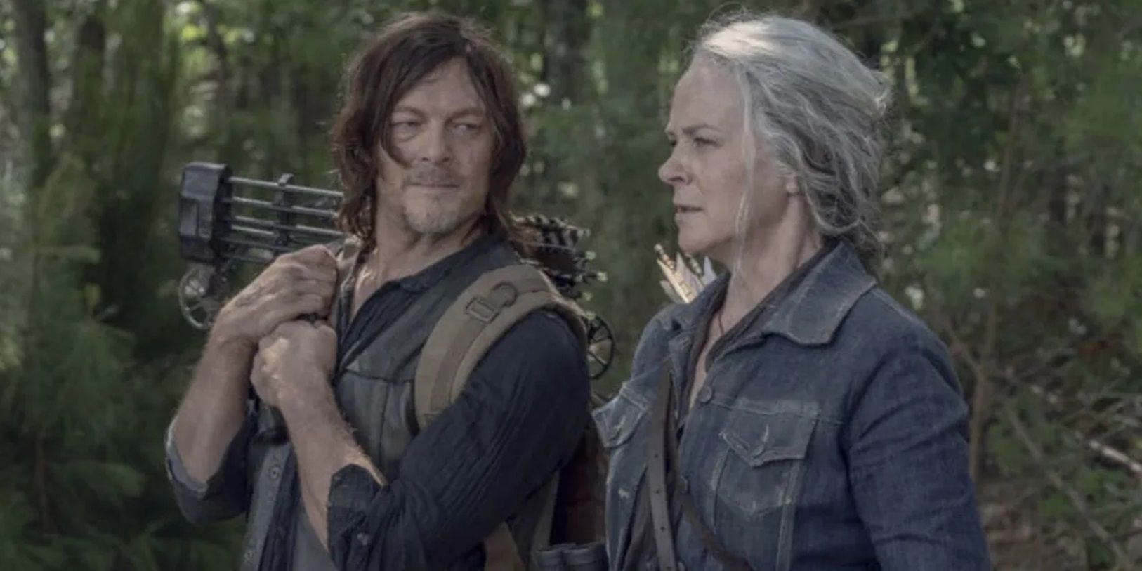 Carol and Daryl walk through the woods in The Walking Dead