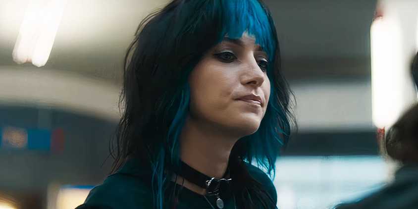 Carry-On blue-haired woman